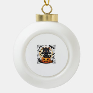 Schattige Zwarte Kat Met Vleermuisvleugels Pompoen Keramische Bal Ornament