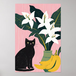 Schattige zwarte kat met witte bloem poster