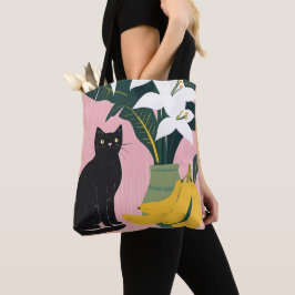 Schattige zwarte kat met witte bloem tote bag