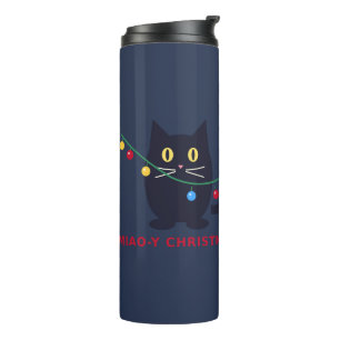 Schattige Zwarte Kat Miauw Kerst Theepot Thermosbeker