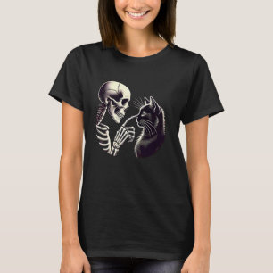 Schattige Zwarte Kat Neus Skelet Hand Grappige Hal T-shirt