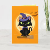 Schattige zwarte kat op bezemsteel Halloween kaart (Voorkant)