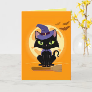 Schattige zwarte kat op bezemsteel Halloween kaart