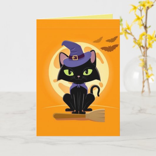 Schattige zwarte kat op bezemsteel Halloween kaart (Gele Bloem)