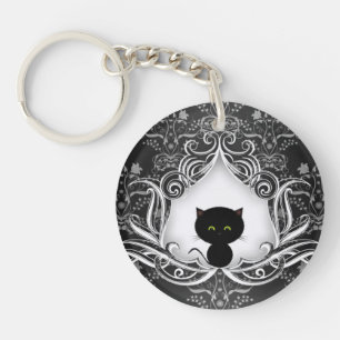 Schattige Zwarte Kat op Damast Sleutelhanger