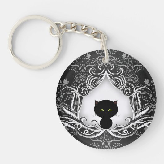 Schattige Zwarte Kat op Damast Sleutelhanger (Voorkant)