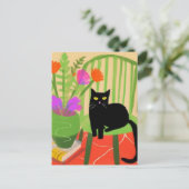 Schattige zwarte kat op een groene stoel briefkaart (Staand voorkant)