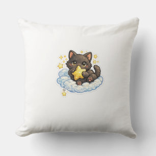 Schattige Zwarte Kat op een Magische Wolk – Kawaii Kussen