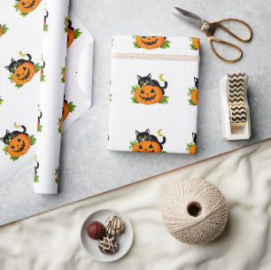 Schattige zwarte kat op Halloween Jack-O'-Lantern Cadeaupapier