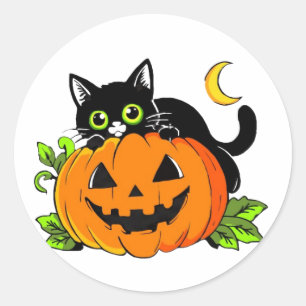 Schattige zwarte kat op Halloween Jack-O'-Lantern Ronde Sticker