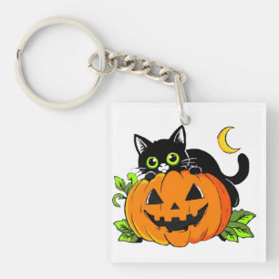 Schattige zwarte kat op Halloween Jack-O'-Lantern Sleutelhanger