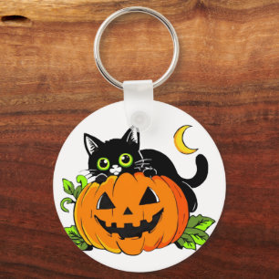 Schattige zwarte kat op Halloween Jack-O'-Lantern Sleutelhanger