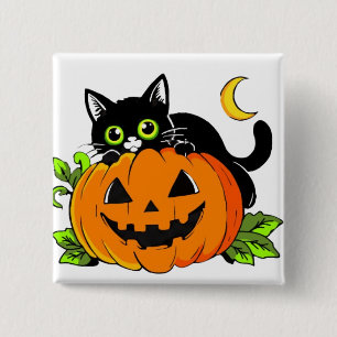 Schattige zwarte kat op Halloween Jack-O'-Lantern Vierkante Button 5,1 Cm