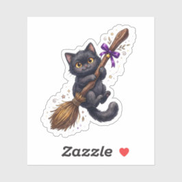 Schattige Zwarte Kat Op Heksenbezem Halloween Sticker