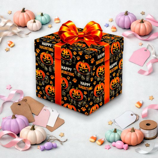 Schattige Zwarte Kat Pompoen Halloween Cadeaupapier