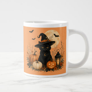 Schattige Zwarte Kat Pompoen Halloween Grote Koffiekop