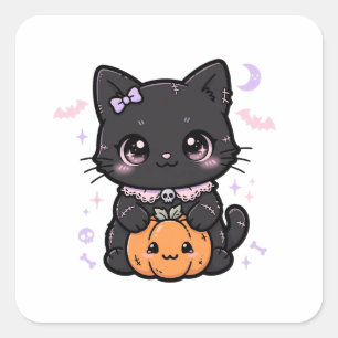 Schattige Zwarte Kat Pompoen Halloween Vierkante Sticker