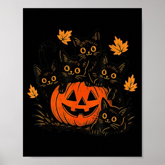 Schattige Zwarte Kat Pompoen Jack O Lantern Kitty Poster (Voorkant)