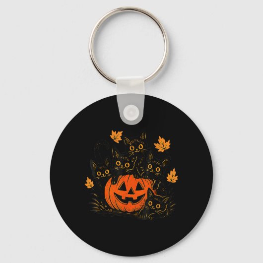 Schattige Zwarte Kat Pompoen Jack O Lantern Kitty  Sleutelhanger (Voorkant)