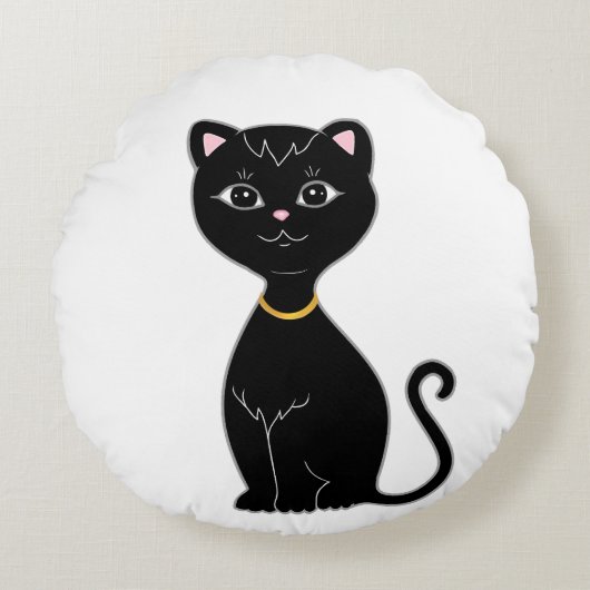 Schattige Zwarte Kat Rond Kussen (Voorkant)