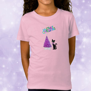 Schattige zwarte kat Roze glanzende vrolijke kerst T-shirt