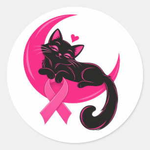 Schattige Zwarte Kat Roze Maan Borstkanker Bewustz Ronde Sticker