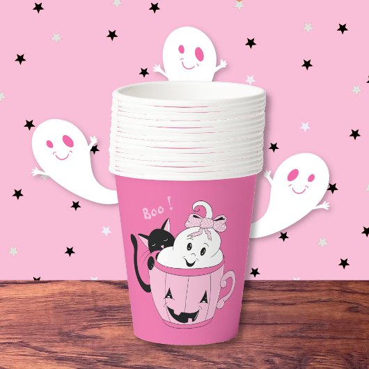 Schattige zwarte kat spook roze Halloween Paper Cu Papieren Bekers