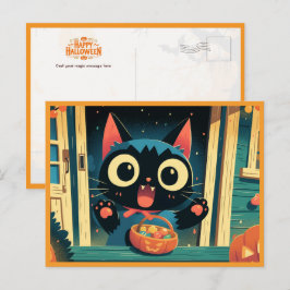 Schattige Zwarte Kat Trick or Treat Halloween Feestdagenkaart