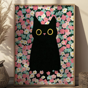 Schattige Zwarte Kat Tussen Kleurrijke Madeliefjes Poster