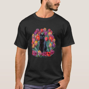 Schattige Zwarte Kat Verbergt Zich in Lente Bloeme T-shirt