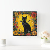 Schattige zwarte kat vierkante klok (Huis)