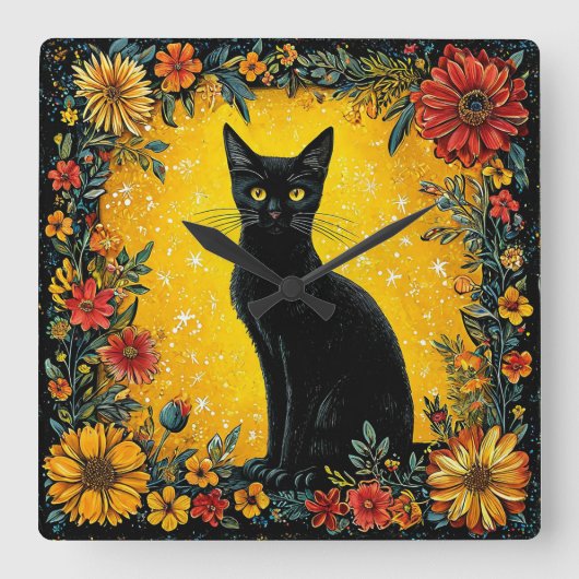 Schattige zwarte kat vierkante klok (Voorkant)