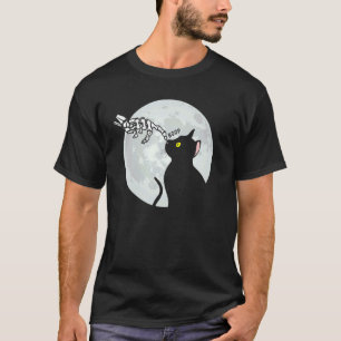 Schattige Zwarte Kat Volle Maan Skelet Ondoden Hal T-shirt