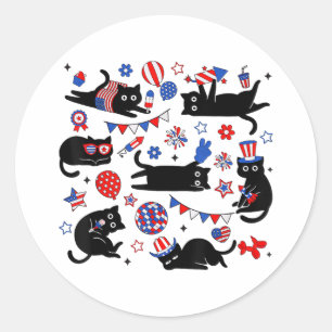 Schattige Zwarte Kat VS Vlag Vuurwerk Patriottisch Ronde Sticker