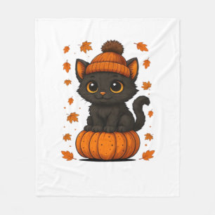 Schattige Zwarte Kat Zitgend op Pompoen Herfst Est Fleece Deken