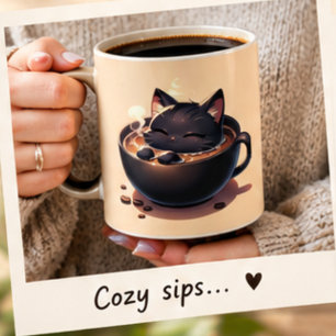 Schattige zwarte kat zwemt in koffiekop. Kop
