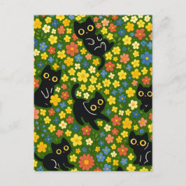 Schattige Zwarte Katten Bloemrijke Weide Patroon Briefkaart