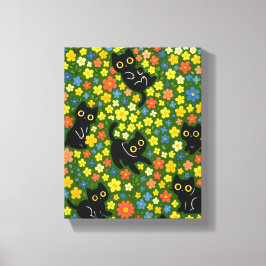 Schattige Zwarte Katten Bloemrijke Weide Patroon Canvas Afdruk