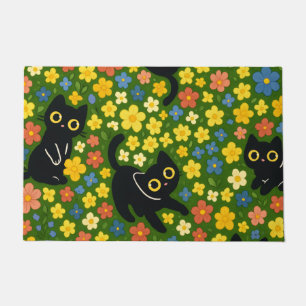 Schattige Zwarte Katten Bloemrijke Weide Patroon Deurmat