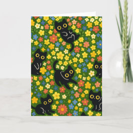 Schattige Zwarte Katten Bloemrijke Weide Patroon Kaart