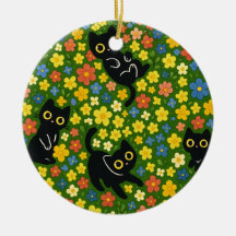 Schattige Zwarte Katten Bloemrijke Weide Patroon
