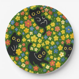 Schattige Zwarte Katten Bloemrijke Weide Patroon Papieren Bordje