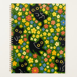 Schattige Zwarte Katten Bloemrijke Weide Patroon Planner