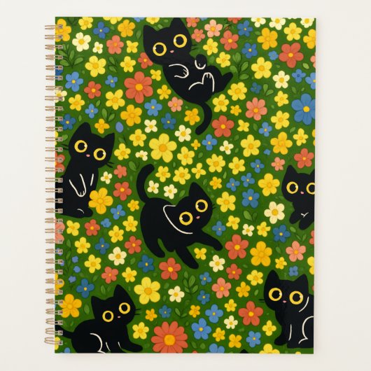 Schattige Zwarte Katten Bloemrijke Weide Patroon Planner (Voorkant)