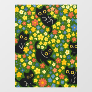 Schattige Zwarte Katten Bloemrijke Weide Patroon Raamsticker