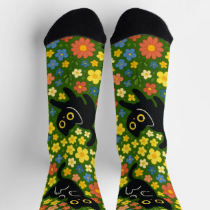 Schattige Zwarte Katten Bloemrijke Weide Patroon Sokken
