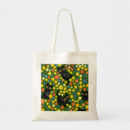 Schattige Zwarte Katten Bloemrijke Weide Patroon Tote Bag