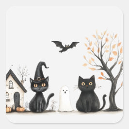 Schattige Zwarte Katten Halloween Feestje Vierkante Sticker