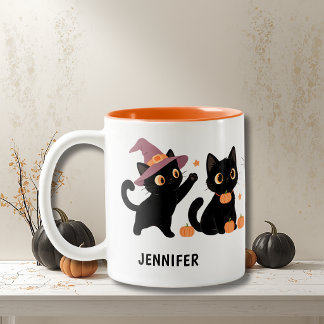 Schattige Zwarte Katten Halloween Tweekleurige Koffiemok