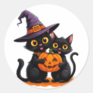 Schattige Zwarte Katten Heks Pompoen Halloween 🐈 Ronde Sticker
